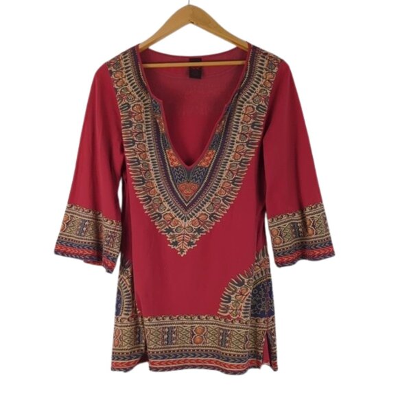 Vintage Y2K Lucky Brand Red Boho Festival Tunic Top l Size Large - Picture 1 of 8